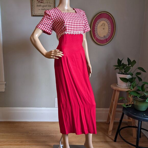 NWT Vintage 90s Betsy Lauren Gingham Dress Midi Button Slit Cottagecore Floral 7 - Picture 2 of 14